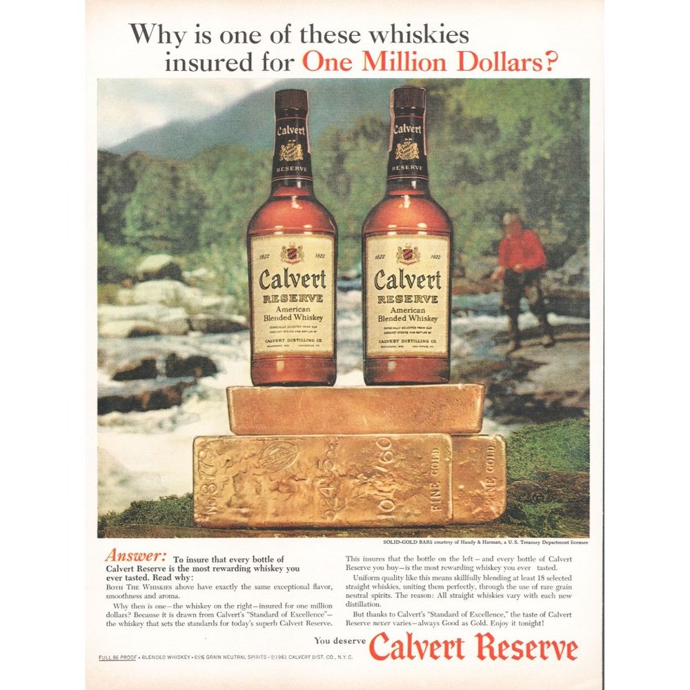 1961 Calvert Reserve Whiskey Vintage Print Ad Gold bars Fly Trout Fishing River